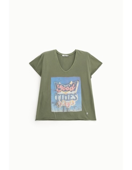 Please tee-shirt col V coloris Kaki stoné