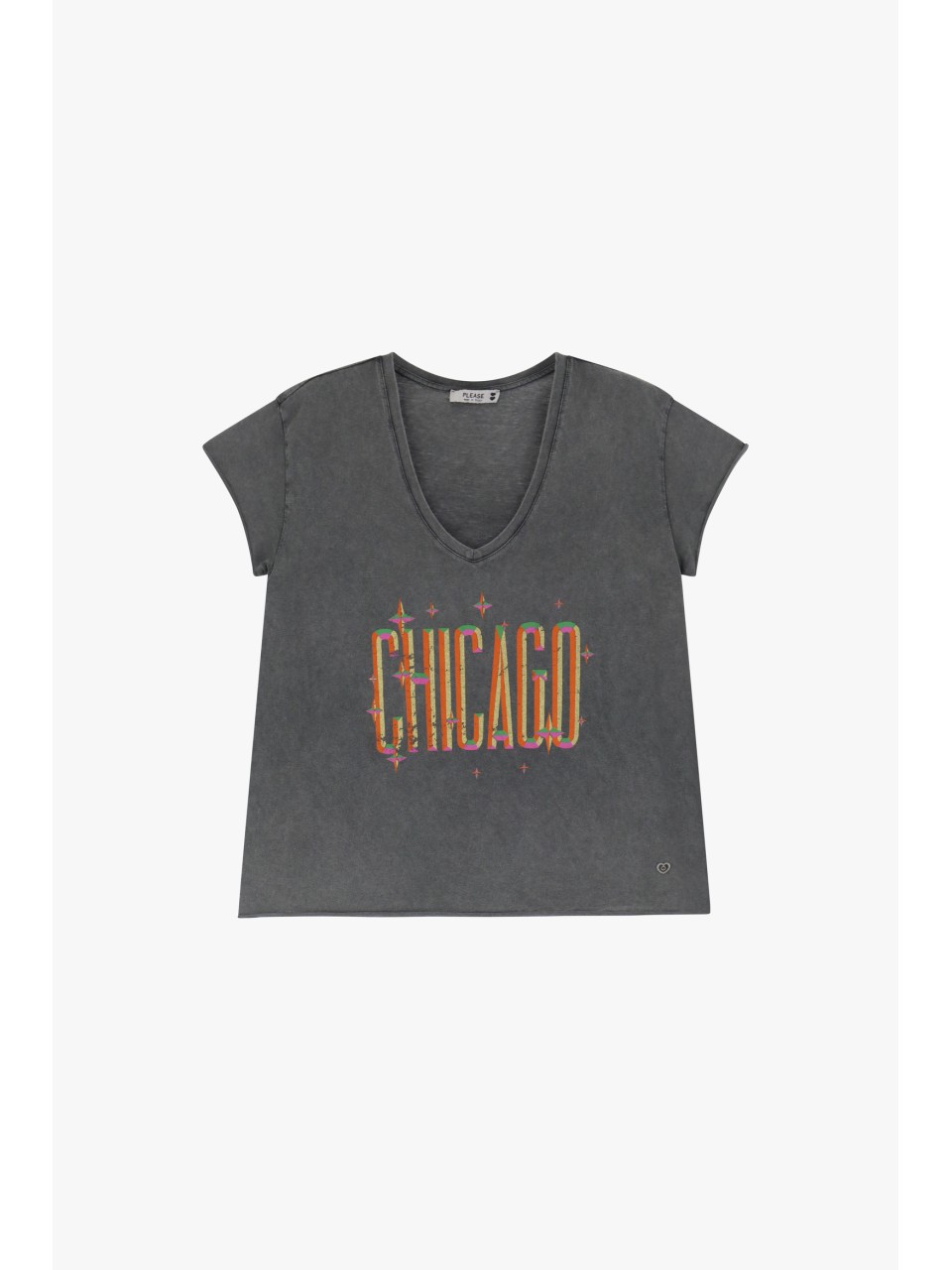 Please tee-shirt col V coloris Noir stoné print "CHICAGO"
