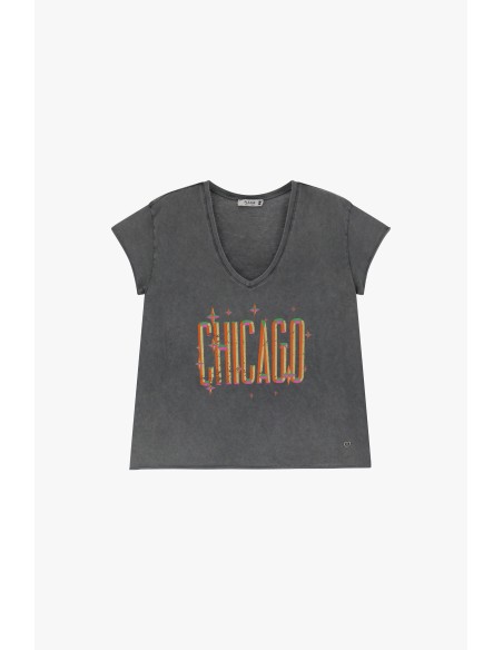 Please tee-shirt col V coloris Noir stoné print "CHICAGO"