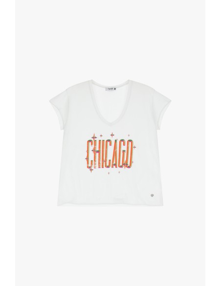 Please tee-shirt col V coloris Blanc print "CHICAGO"