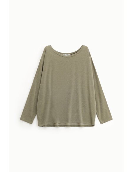 Please Femme t-shirt oversize manches Chauve-souris Kaki Pailletté