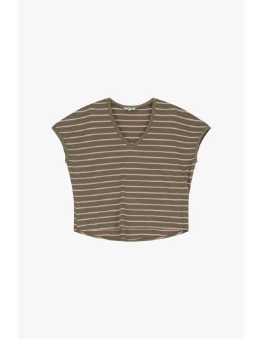Please Femme tshirt Kaki a rayures rose