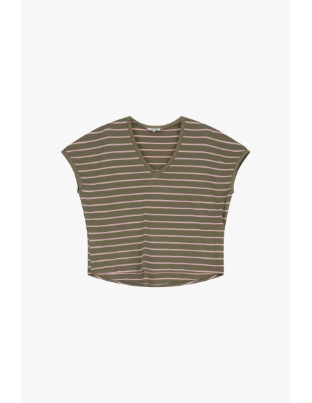 Please Femme tshirt Kaki a rayures rose