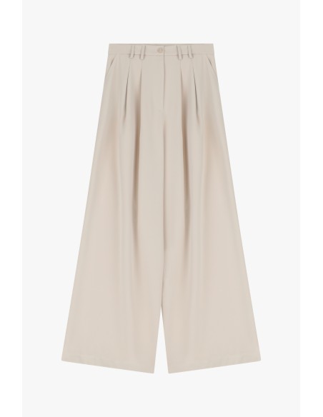 Please Pantalon Ecru à doubles pinces et jambes évasées en crêpe