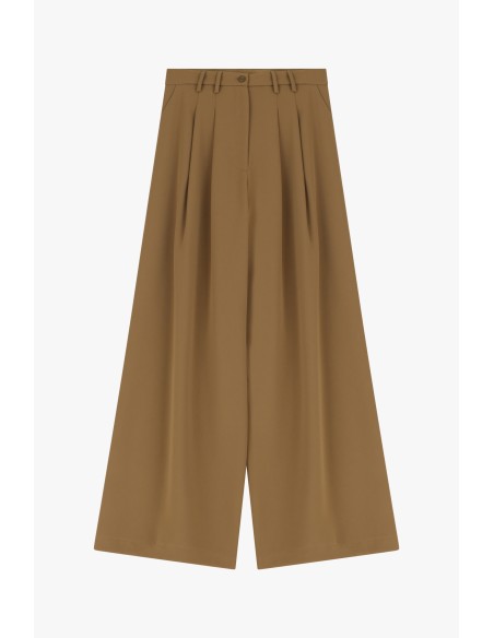Please Pantalon Camel à doubles pinces et jambes évasées en crêpe