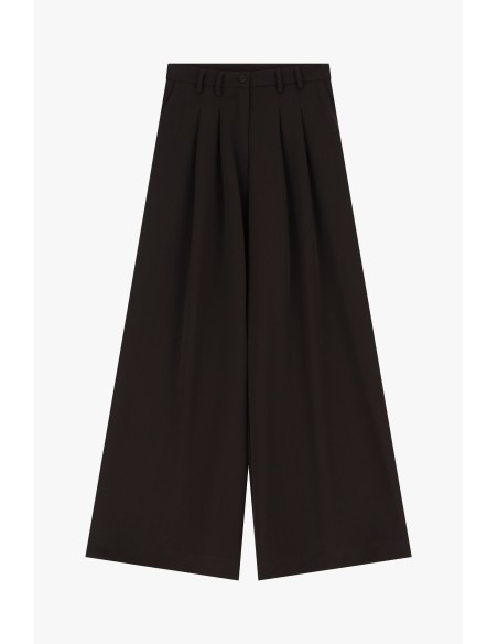 Please Pantalon Chocolat à doubles pinces et jambes évasées en crêpe
