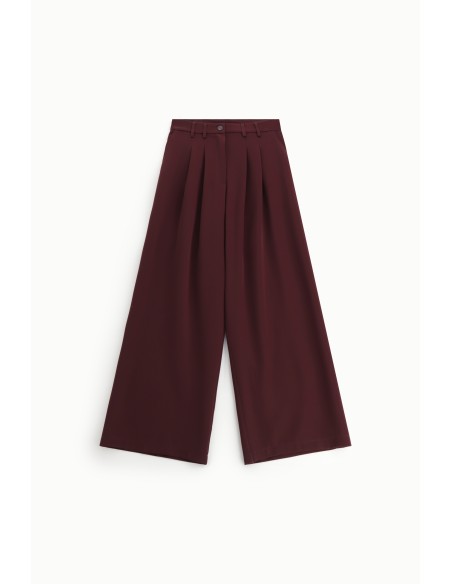 Please Pantalon Bordeaux à doubles pinces et jambes évasées en crêpe