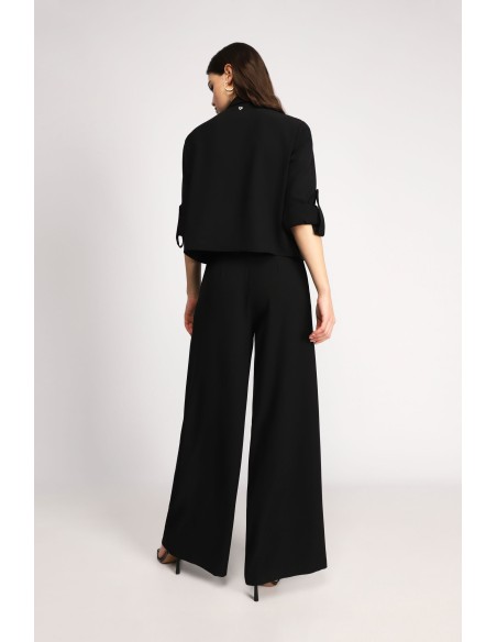 Please Pantalon Noir à doubles pinces et jambes évasées en crêpe