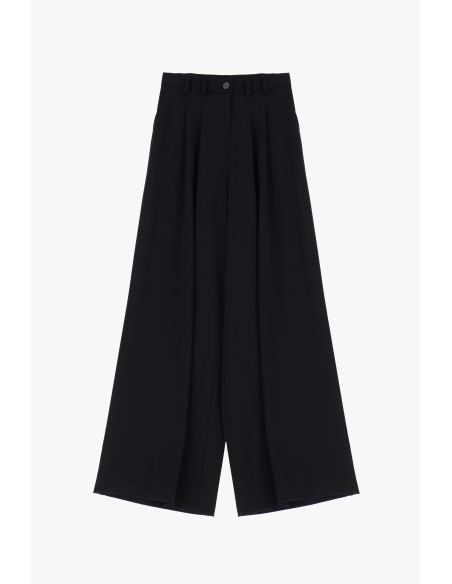 Please Pantalon Noir à doubles pinces et jambes évasées en crêpe