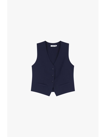 Please  Gilet de tailleur en crepe fluide Bleu Marine