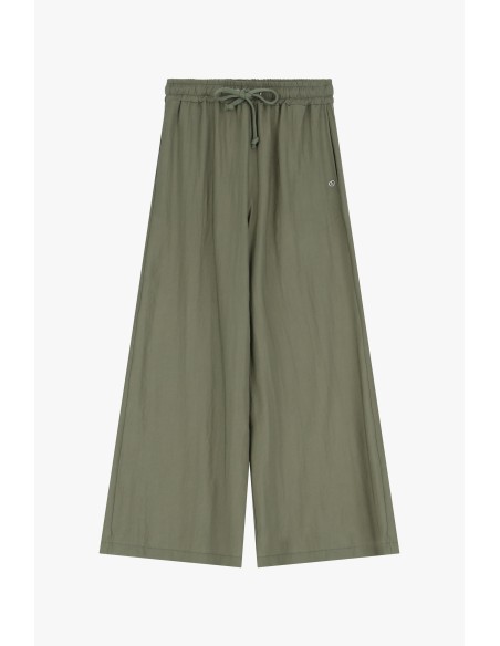 Please Pantalon Large forme Palazzo en crepe gauffré Kaki