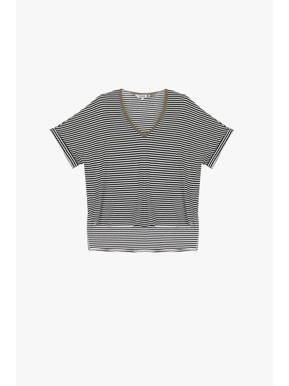 Please Femme T-shirt blanc à rayures noires et encolure...