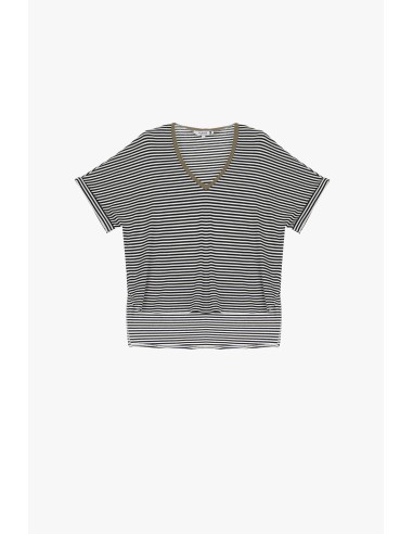 copy of Please Femme T-shirt à rayures et bordure col V pailletée