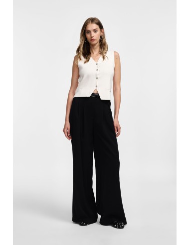 Please Pantalon Noir à doubles pinces et jambes évasées en crêpe