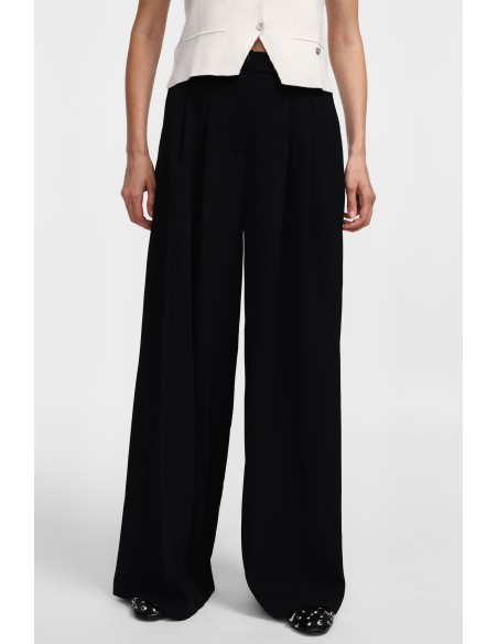 Please Pantalon Noir à doubles pinces et jambes évasées en crêpe
