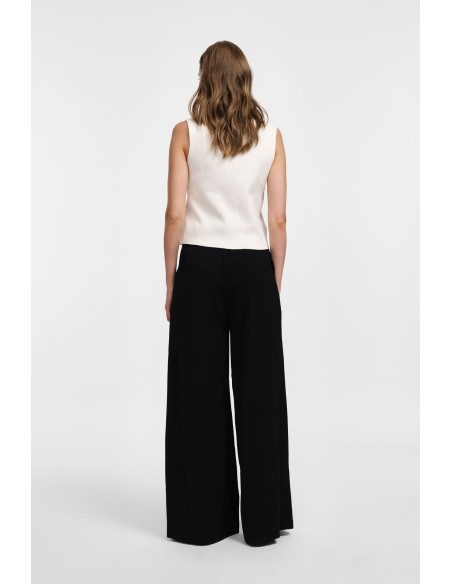 Please Pantalon Noir à doubles pinces et jambes évasées en crêpe