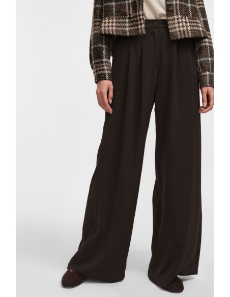 Please Pantalon Chocolat à doubles pinces et jambes évasées en crêpe