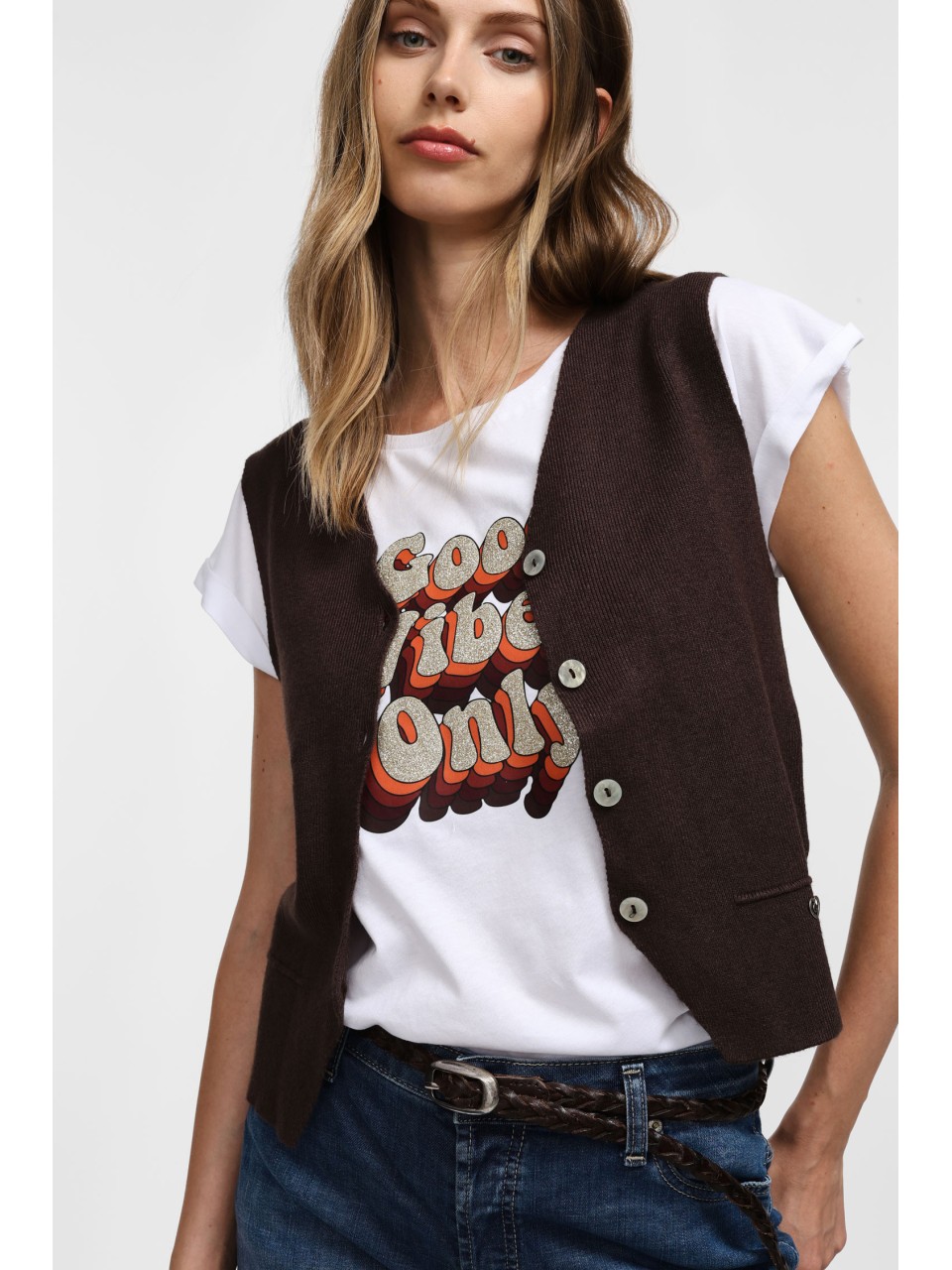 Please Gilet boutonné en maille Chocolat 2
