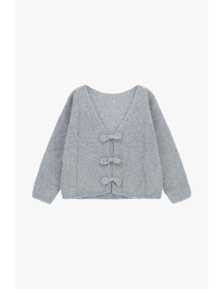 Please cardigan Gris en alpaga melangé avec fermeture à noeud