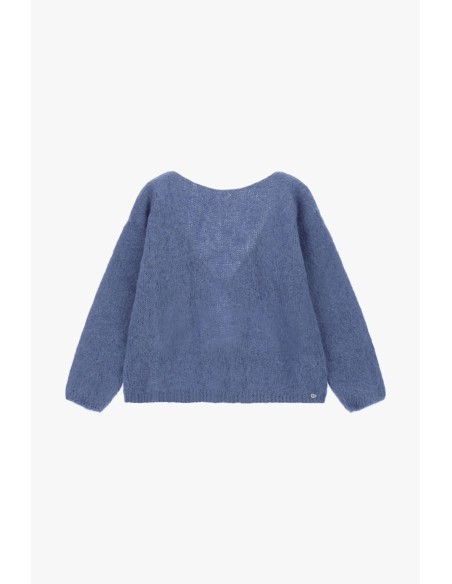 Please cardigan bleu jeans en alpaga melangé avec fermeture à noeud