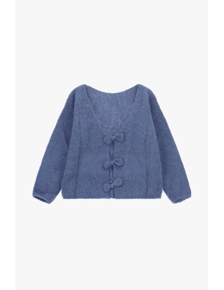 Please cardigan bleu jeans en alpaga melangé avec fermeture à noeud