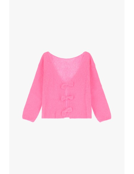 Please cardigan Rose Fuschia en alpaga melangé avec fermeture à noeud