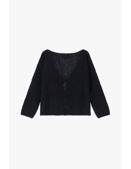 Please cardigan Noir en alpaga melangé avec fermeture à noeud