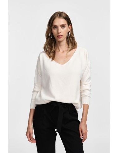 Please Femme pull fin ecru avec col en V