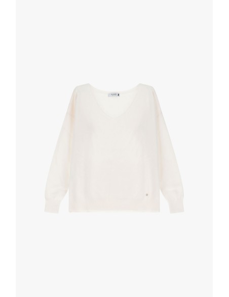 Please Femme pull fin ecru avec col en V