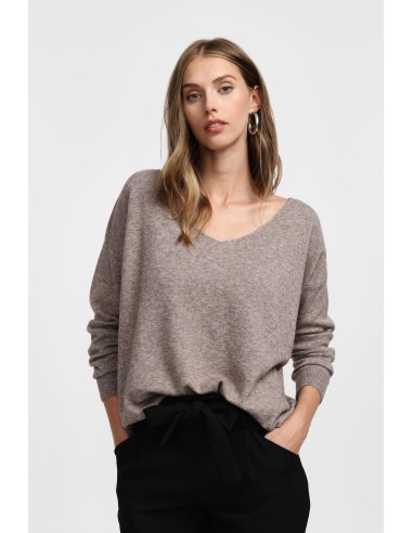 Please Femme pull fin coloris Taupe avec col en V