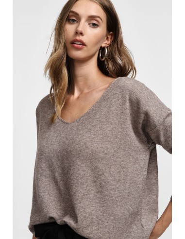 Please Femme pull fin coloris Taupe avec col en V