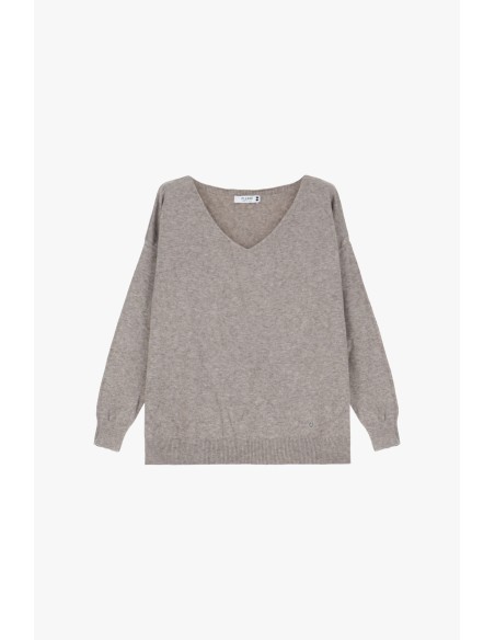 Please Femme pull fin coloris Taupe avec col en V