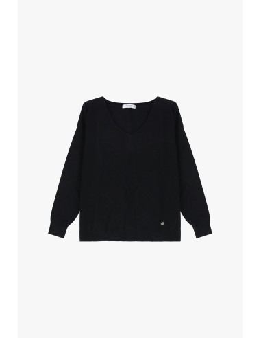 Please Femme pull fin coloris Noir avec col en V