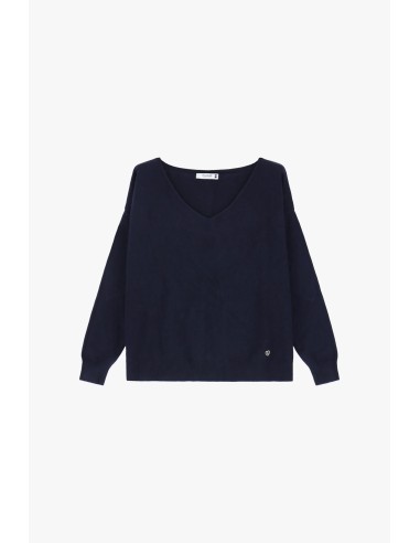 Please Femme pull fin coloris Navy avec col en V