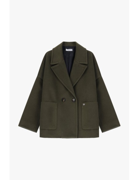 copy of Please Femme, manteau court croisé, oversize, en drap coloris bleu denim