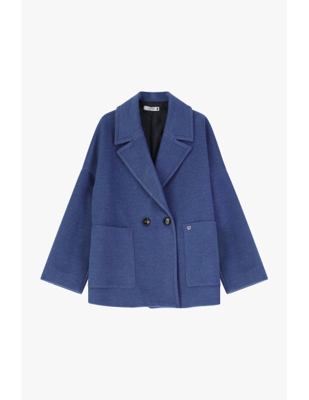 copy of Please Femme, manteau court croisé, oversize, en drap coloris bleu denim