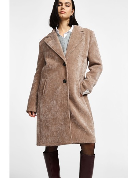 copy of Please Femme manteau long à boutonnage droit en drap effet poil de chameau coloris panna