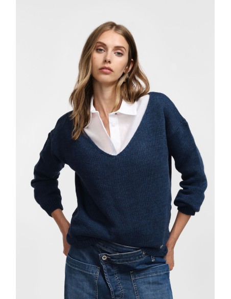 Please Pull asymetrique a col en V coloris blu denim