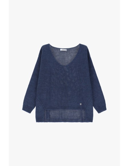 Please Pull asymetrique a col en V coloris blu denim