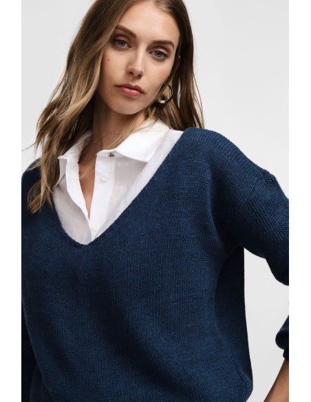 Please Pull asymetrique a col en V coloris bleu marine