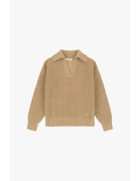 Please Pull en maille camel col camioneur