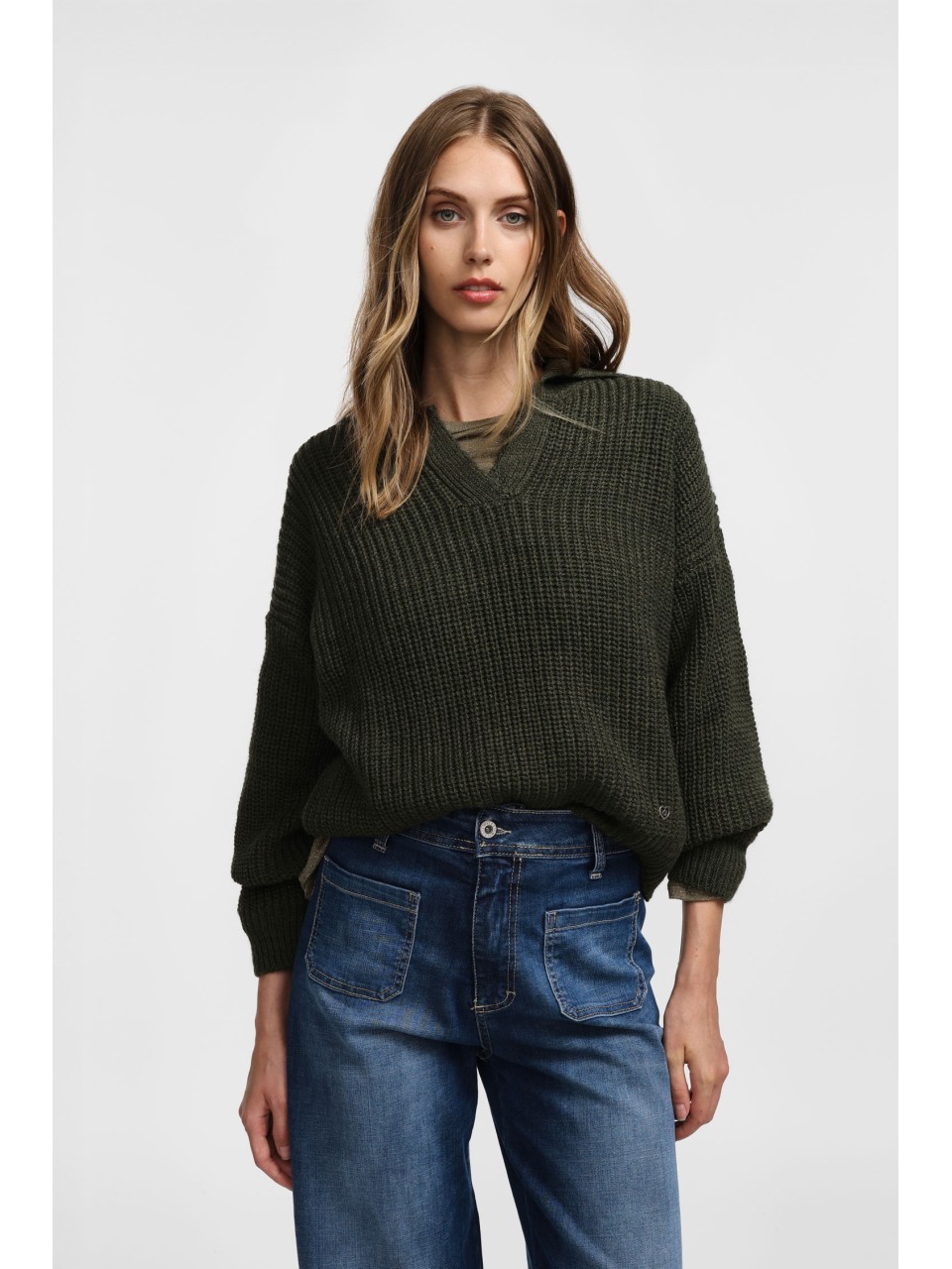 Please Pull en maille kaki col camioneur