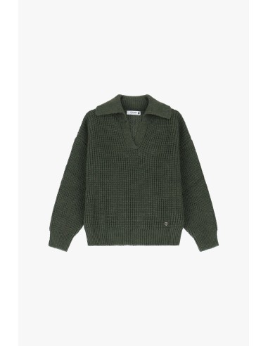 Please Pull en maille kaki col camioneur