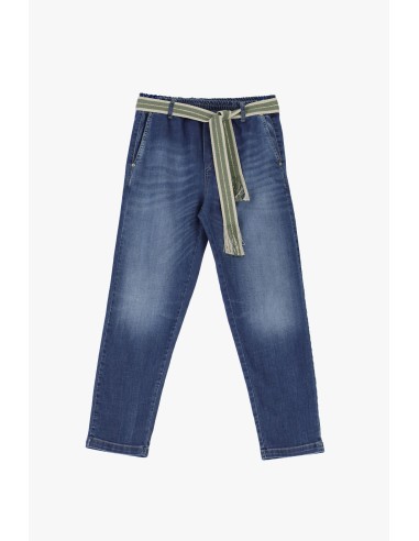 Jean ample à taille froncée et ceinture tissu -...