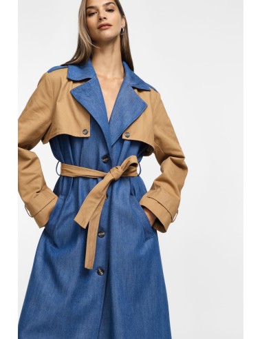 Trench ceinturé à blocs de couleurs bi-matière...