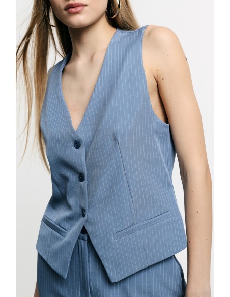 Gilet tailleur rayé boutonné avec martingale dos - Please