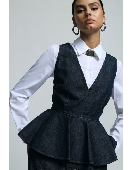 Please Femme — Top denim sans manches à basque