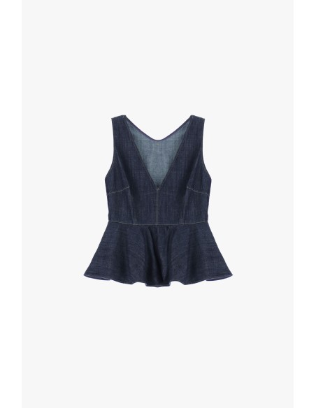 Please Femme — Top denim sans manches à basque
