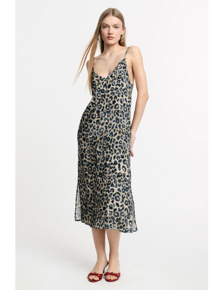 Please Femme — Robe mi-longue imprimé animal à bretelles fines