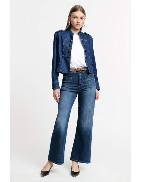 Please Femme jean flare à poches plaquées en denim stretch délavage bleu moyen